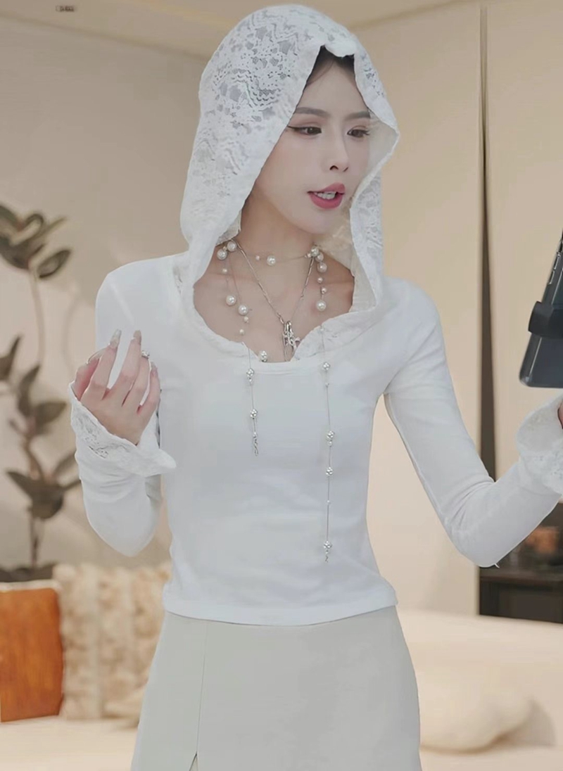 THE COCO直郵韓國代購女裝新品人氣休閑職業長袖T恤蕾絲連帽THE COCO長袖T恤