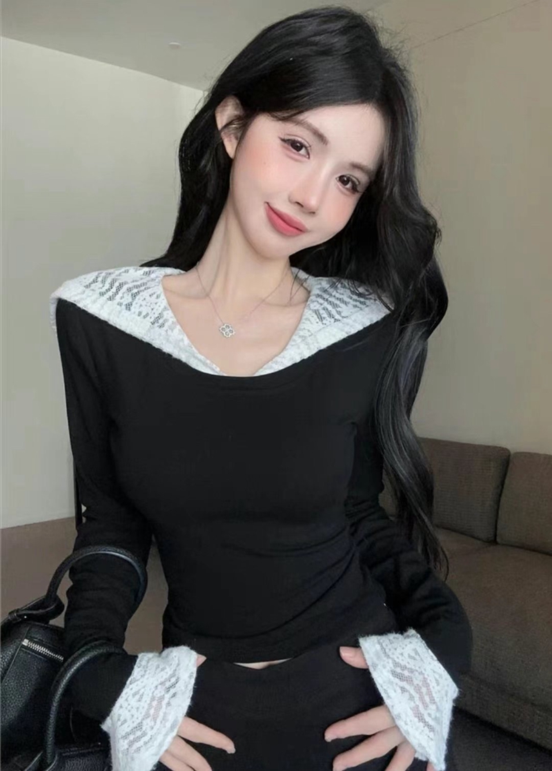 THE COCO直郵韓國代購女裝新品人氣休閑職業長袖T恤蕾絲連帽THE COCO長袖T恤