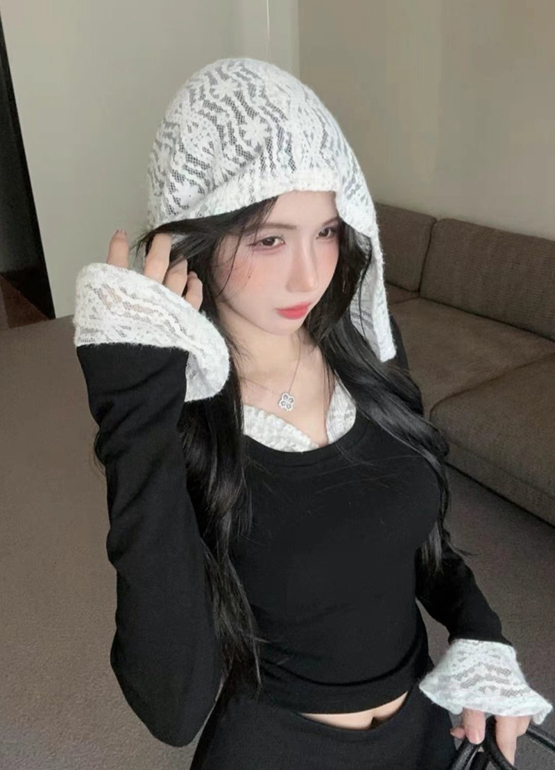THE COCO直郵韓國代購女裝新品人氣休閑職業長袖T恤蕾絲連帽THE COCO長袖T恤