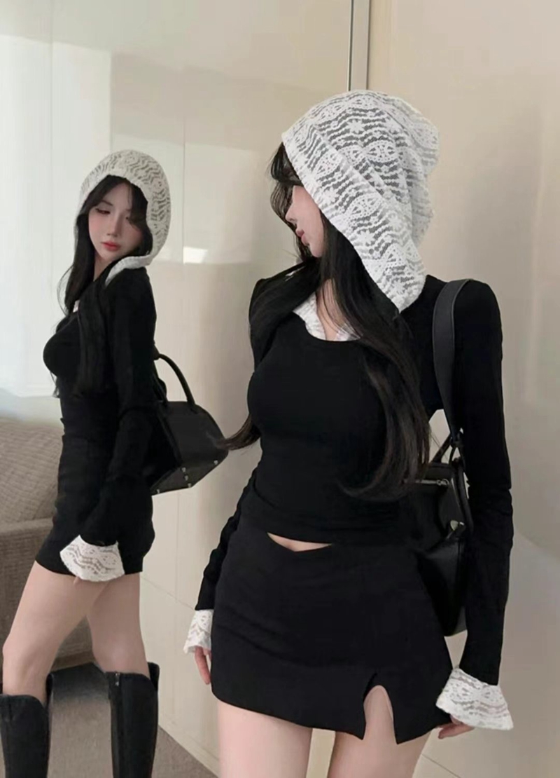 THE COCO直郵韓國代購女裝新品人氣休閑職業長袖T恤蕾絲連帽THE COCO長袖T恤