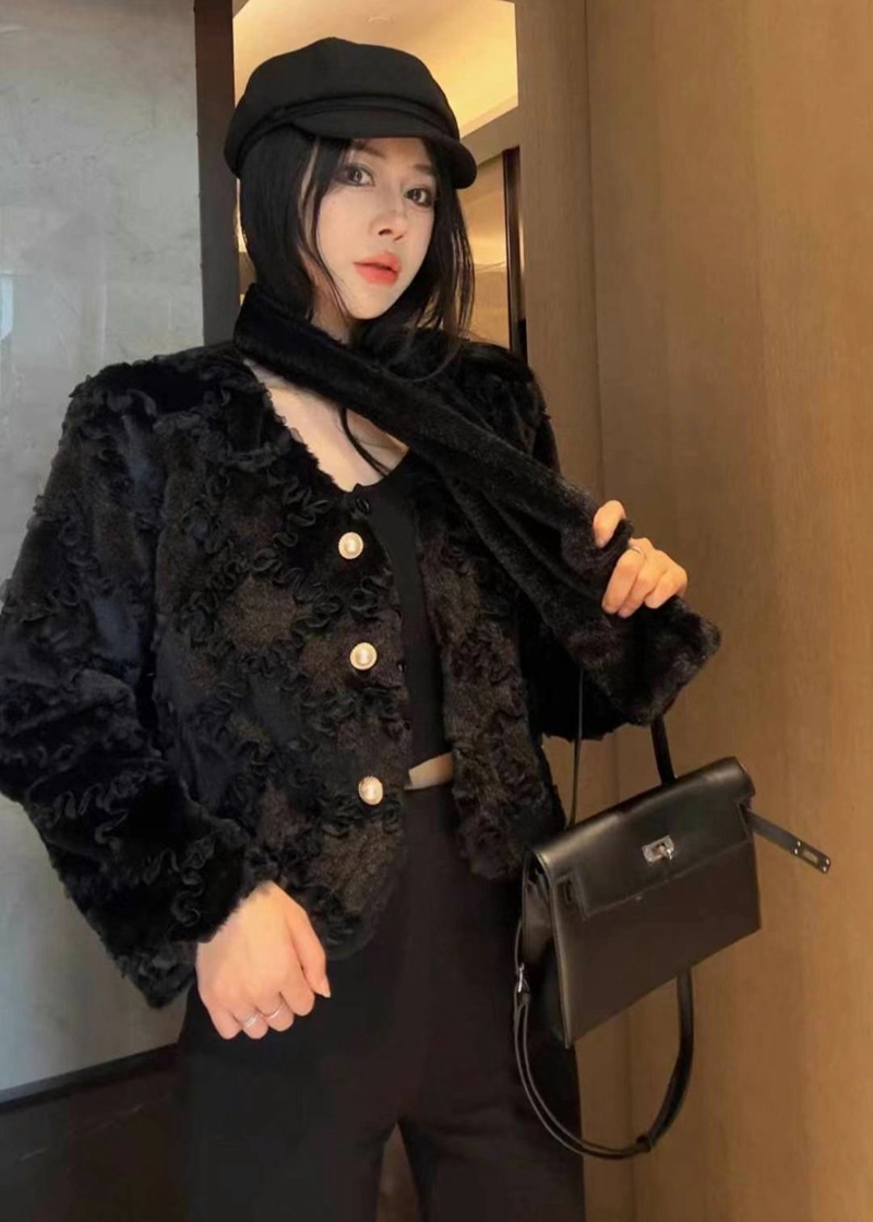 THE COCO直郵韓國代購女裝新品熱賣短款大衣含圍巾皮草刺繡THE COCO短款大衣