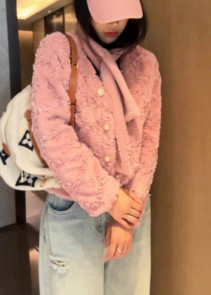 THE COCO直郵韓國代購女裝新品熱賣短款大衣含圍巾皮草刺繡THE COCO短款大衣