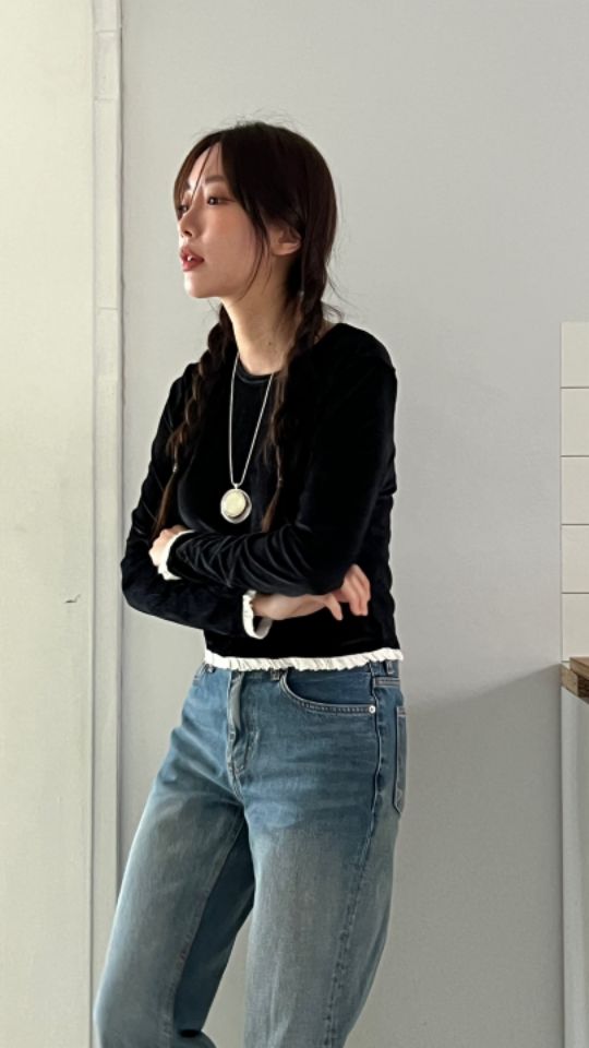 HEY/TO SEWING東大門實拍女士新品24秋夏休閑長袖T恤絲絨BY HEY/TO SEWING長袖T恤