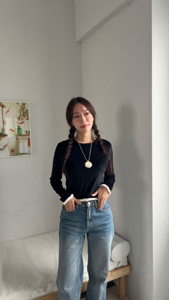 HEY/TO SEWING東大門實拍女士新品24秋夏休閑長袖T恤絲絨BY HEY/TO SEWING長袖T恤