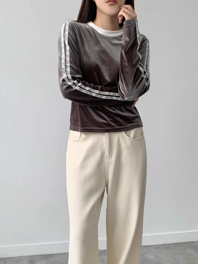 BRAND MARKET-OT韓國直郵女士新品24秋夏長袖T恤天鵝絨蕾絲BRAND MARKET-OT長袖T恤
