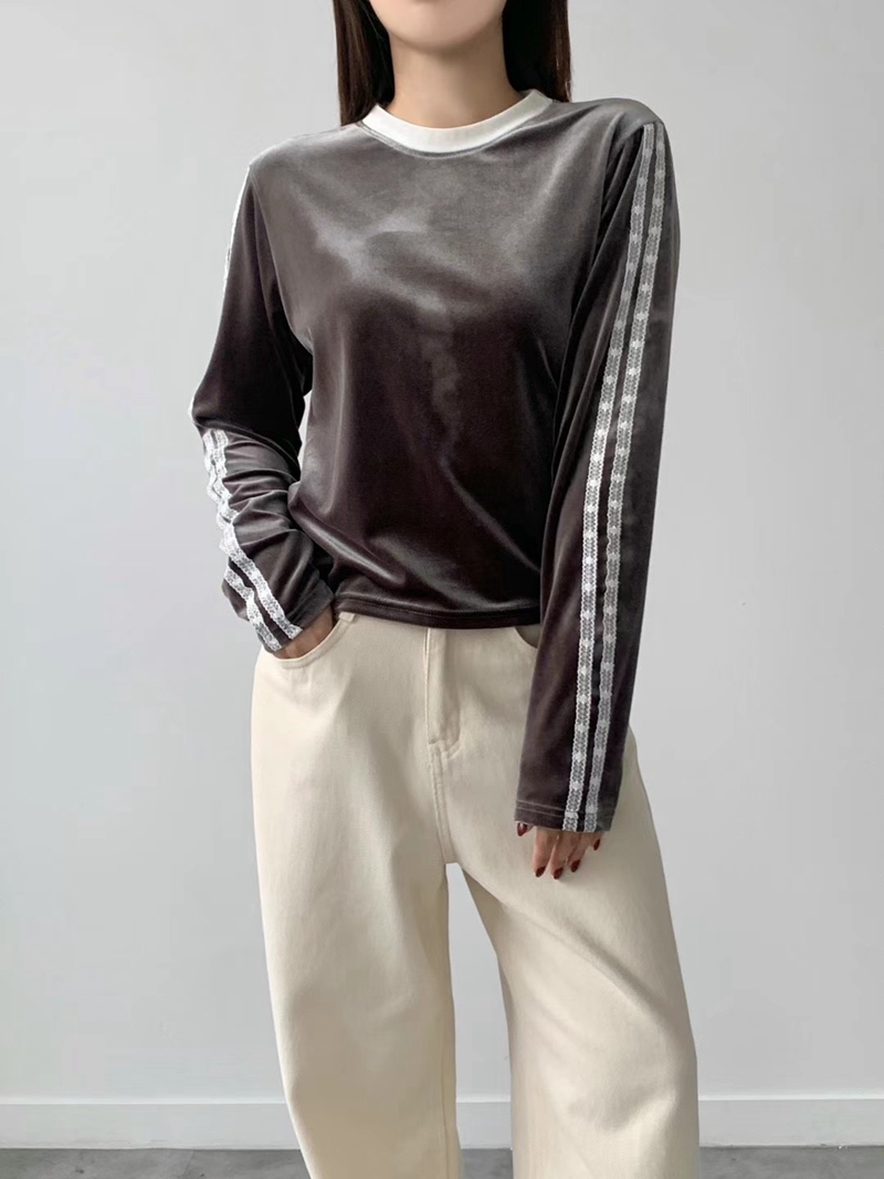 BRAND MARKET-OT韓國直郵女士新品24秋夏長袖T恤天鵝絨蕾絲BRAND MARKET-OT長袖T恤