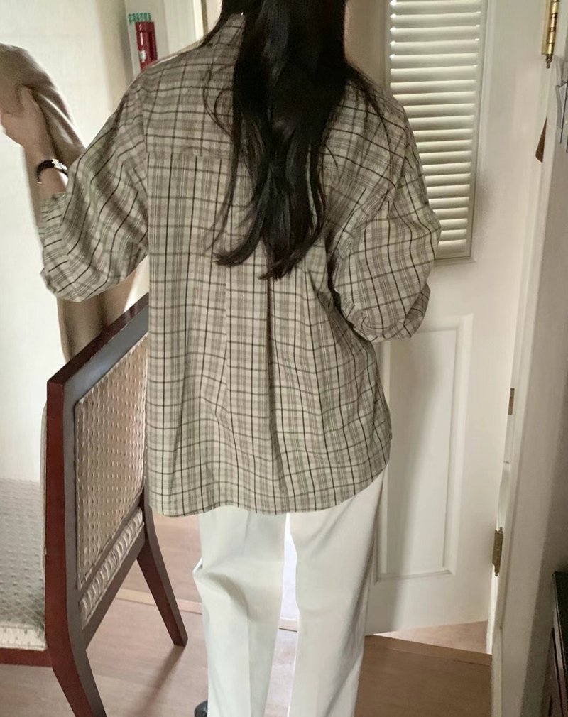 POMELO直郵韓國代購女裝新品推薦熱賣職業休閑襯衫蕾絲衫格紋POMELO襯衫/蕾絲衫