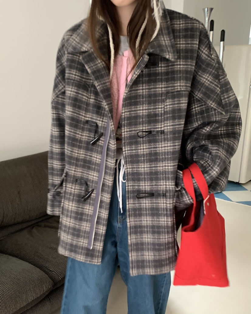 PEBBLE/LAYER韓國直郵女裝新款職業休閑推薦中長款大衣格紋PEBBLE中長款大衣