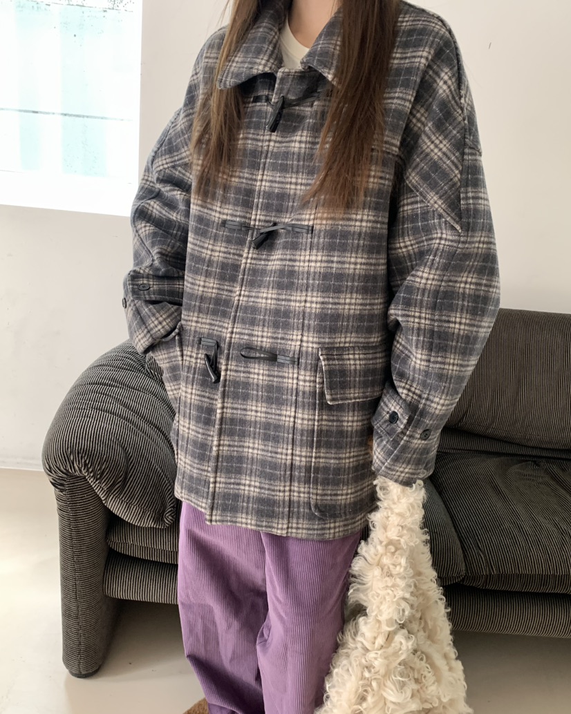 PEBBLE/LAYER韓國直郵女裝新款職業休閑推薦中長款大衣格紋PEBBLE中長款大衣