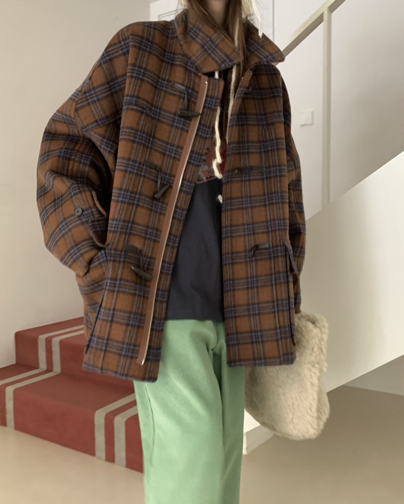 PEBBLE/LAYER韓國直郵女裝新款職業休閑推薦中長款大衣格紋PEBBLE中長款大衣