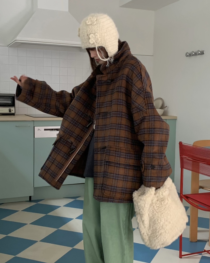 PEBBLE/LAYER韓國直郵女裝新款職業休閑推薦中長款大衣格紋PEBBLE中長款大衣