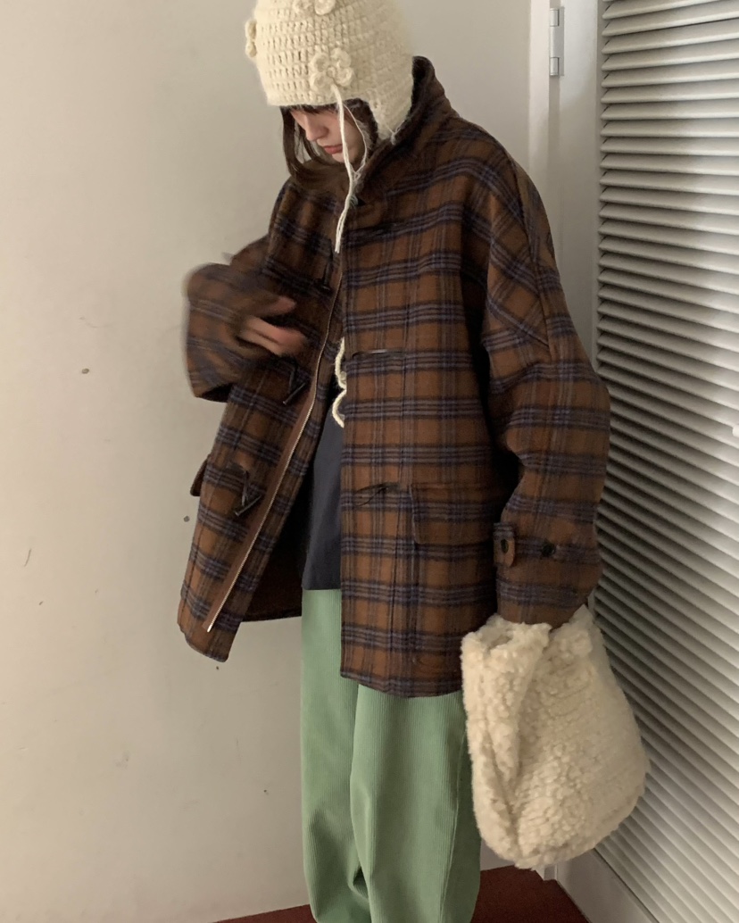 PEBBLE/LAYER韓國直郵女裝新款職業休閑推薦中長款大衣格紋PEBBLE中長款大衣