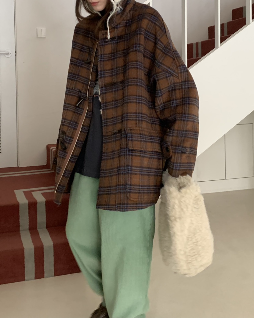 PEBBLE/LAYER韓國直郵女裝新款職業休閑推薦中長款大衣格紋PEBBLE中長款大衣