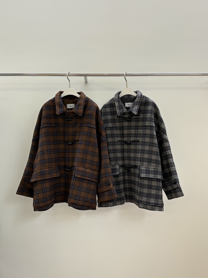 PEBBLE/LAYER韓國直郵女裝新款職業休閑推薦中長款大衣格紋PEBBLE中長款大衣