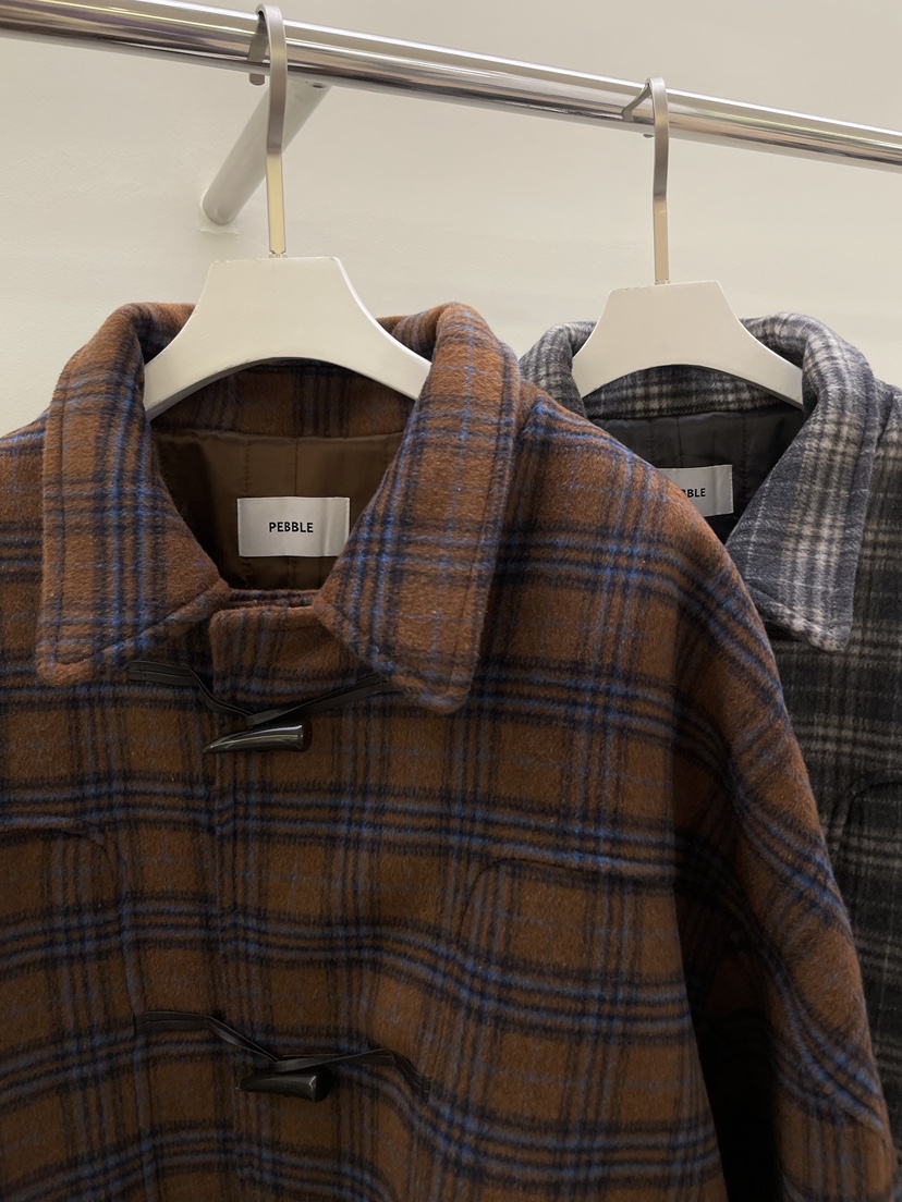 PEBBLE/LAYER韓國直郵女裝新款職業休閑推薦中長款大衣格紋PEBBLE中長款大衣