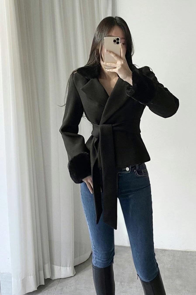 HEE SHOP韓國直郵東大門實拍女裝新品職業時尚短款大衣含腰帶HEE SHOP短款大衣