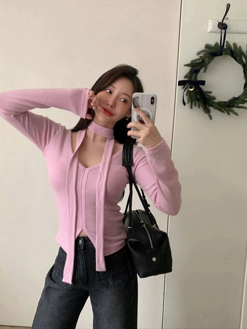 PINK PUMPKIN韓國直郵東大門代購女裝新款真品長袖T恤含脖帶PINK PUMPKIN長袖T恤