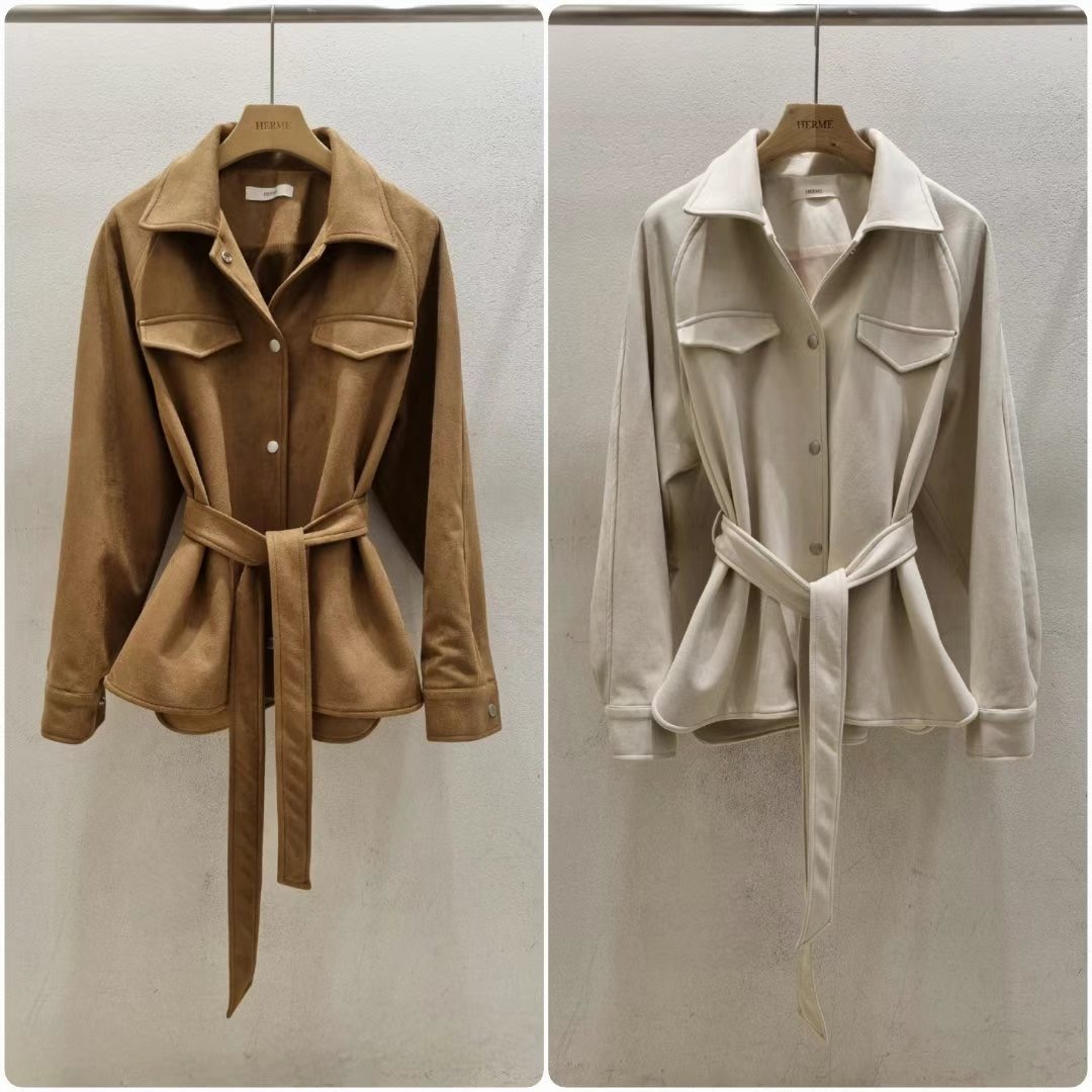 HERME直郵韓國代購女裝新品24秋冬真品短款大衣含腰帶絨面革HERME短款大衣