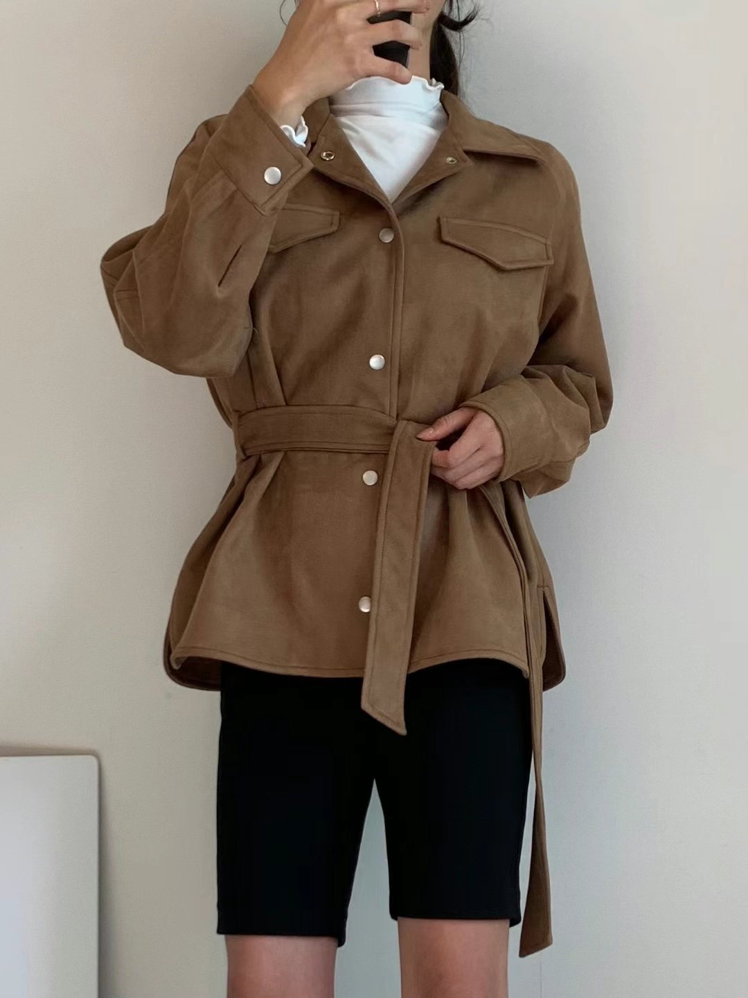 HERME直郵韓國代購女裝新品24秋冬真品短款大衣含腰帶絨面革HERME短款大衣