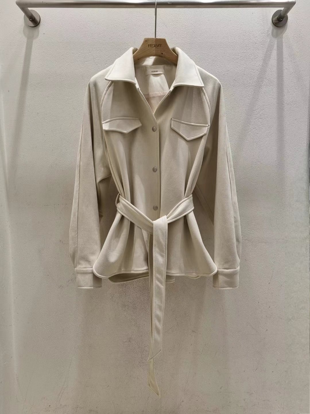 HERME直郵韓國代購女裝新品24秋冬真品短款大衣含腰帶絨面革HERME短款大衣圖色2