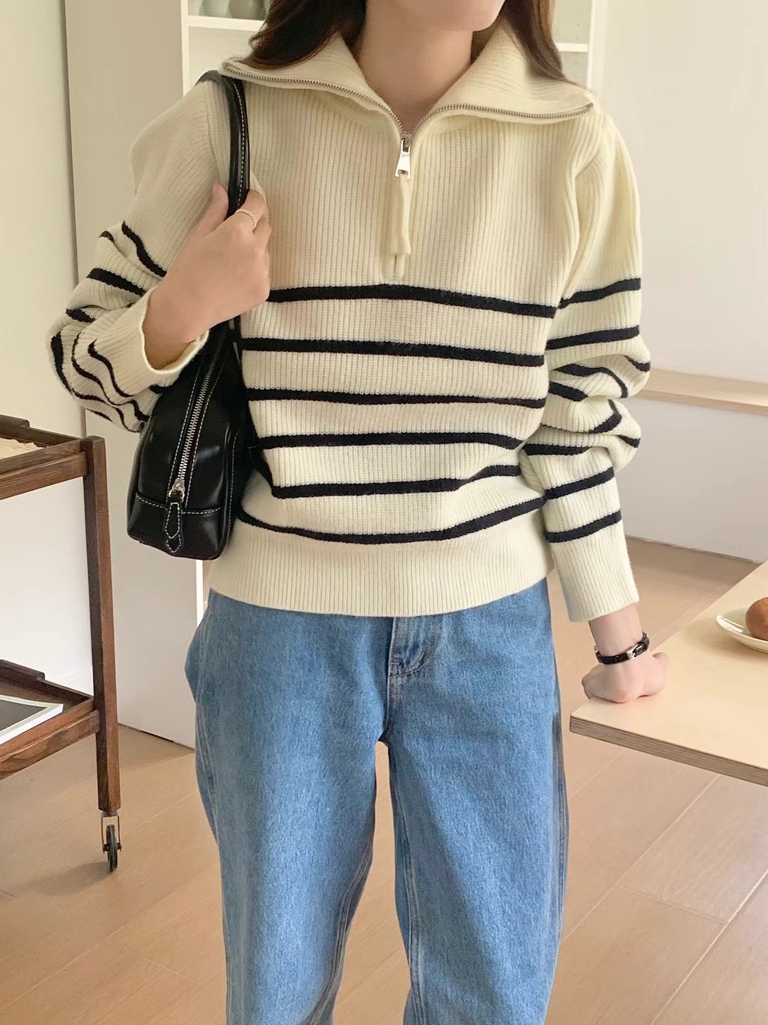 ELINVI韓國直郵東大門實拍女裝新款24秋冬職業休閑針織衫拉鏈ELINVI針織衫