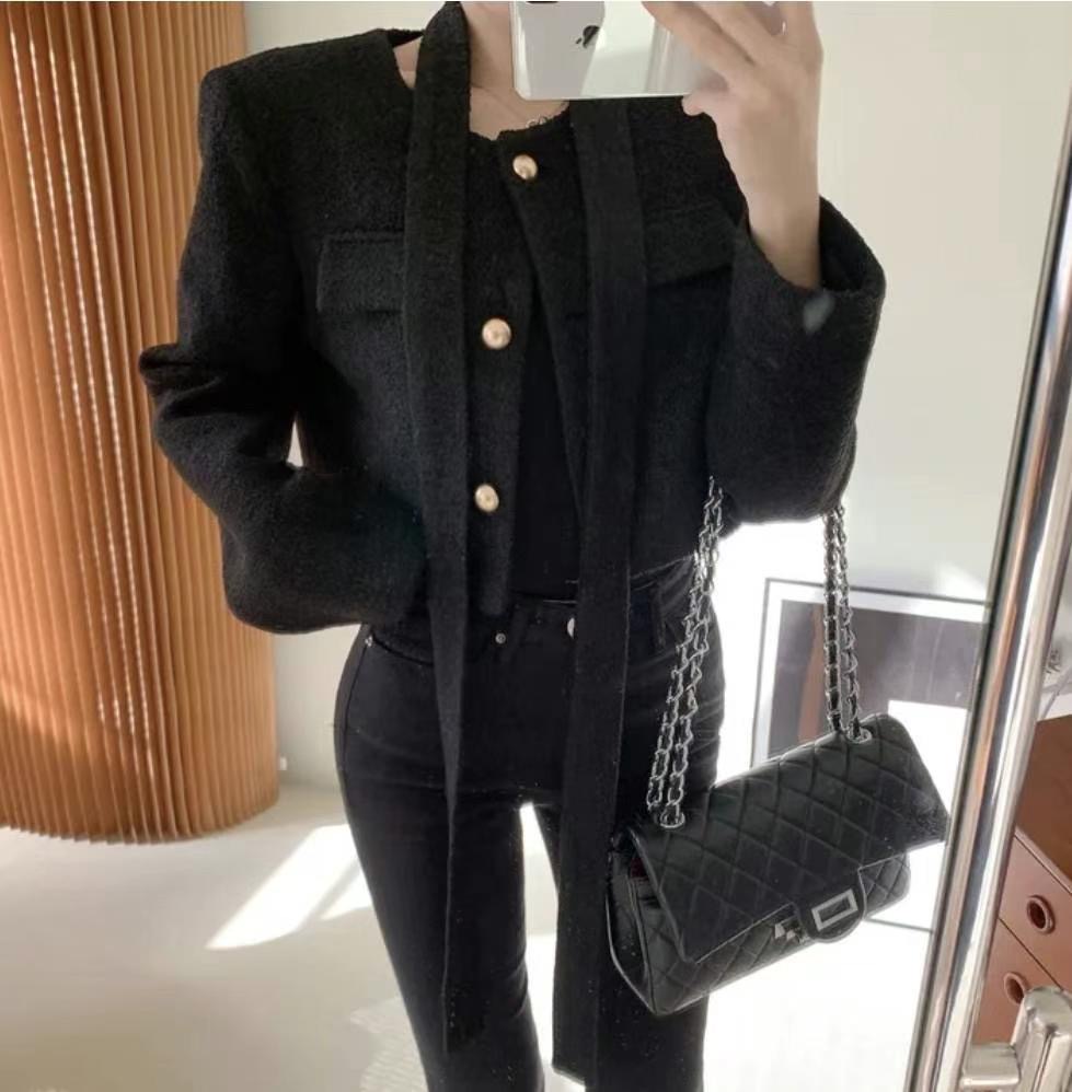 A BLACK韓國直郵東大門代購女裝新品職業休閑人氣夾克含脖帶A BLACK夾克