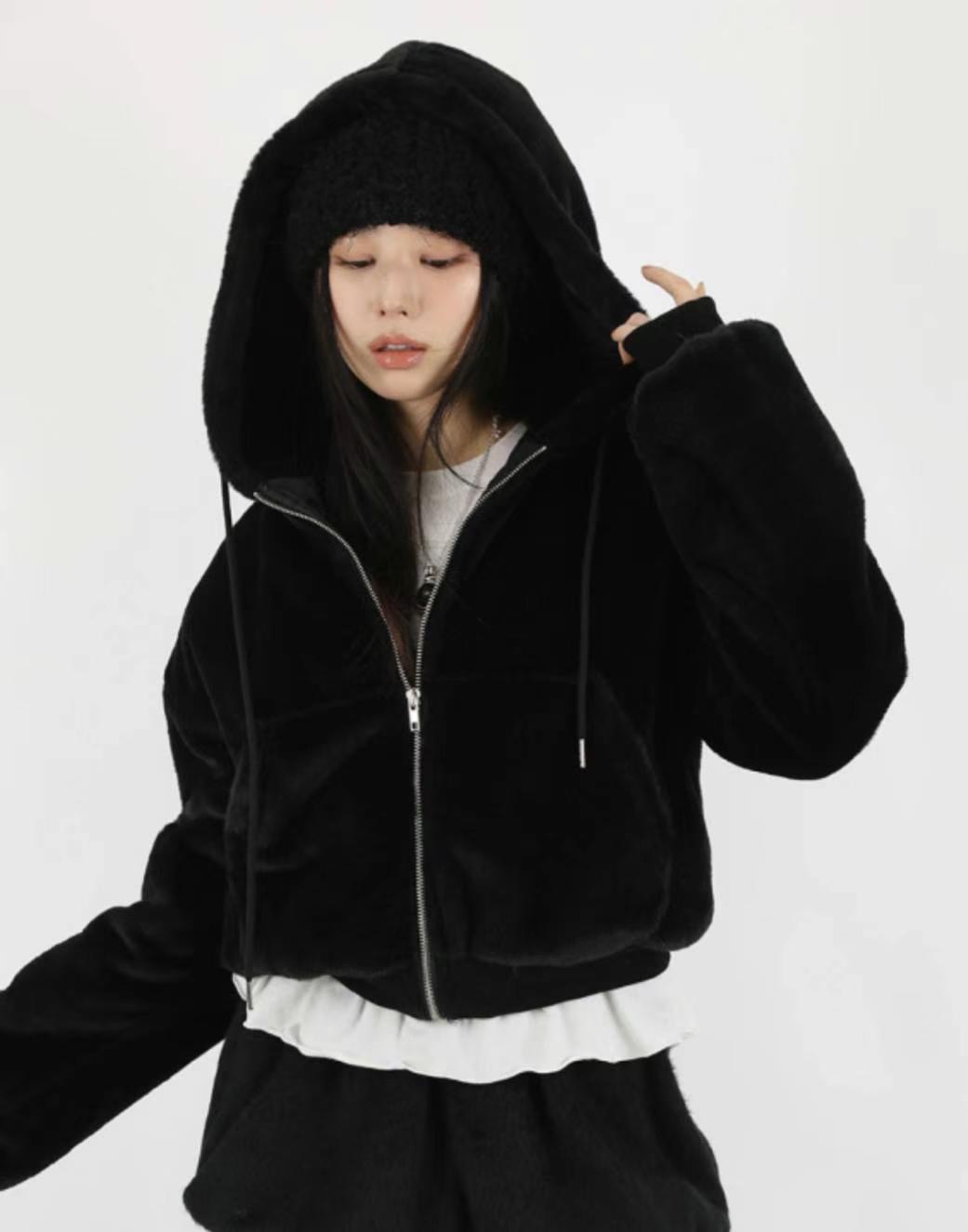 BUSTLING直郵韓國代購女裝新款休閑24秋冬人氣夾克毛皮兜帽BUSTLING夾克