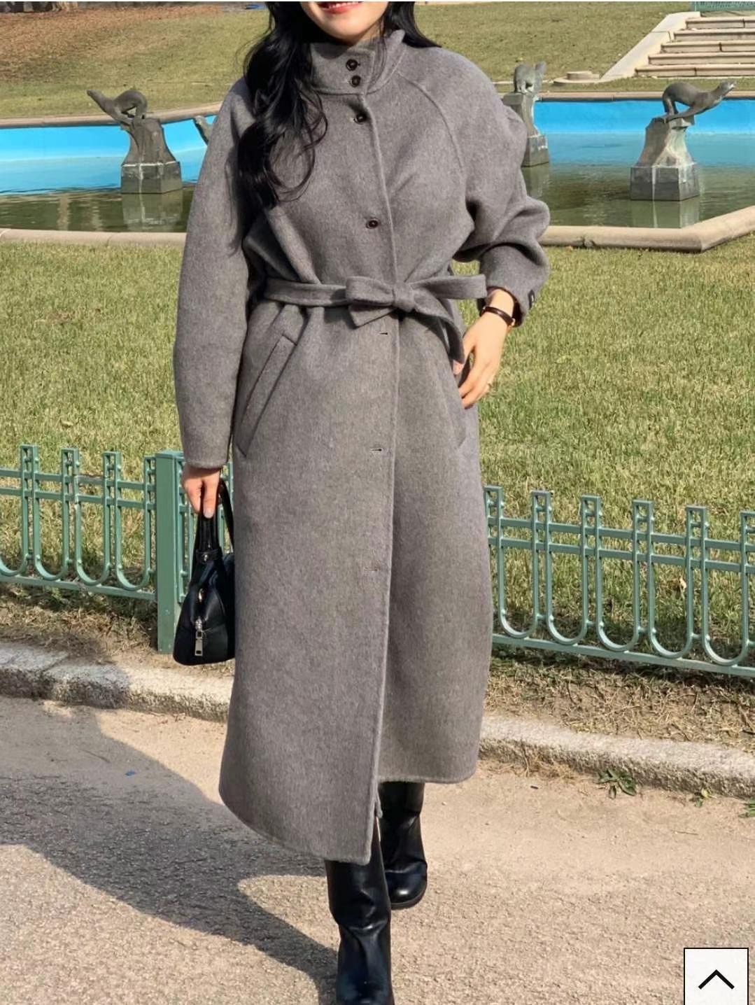 JISOO韓國直郵女裝新款24秋夏時尚真品職業中長款大衣手工高領JISOO中長款大衣