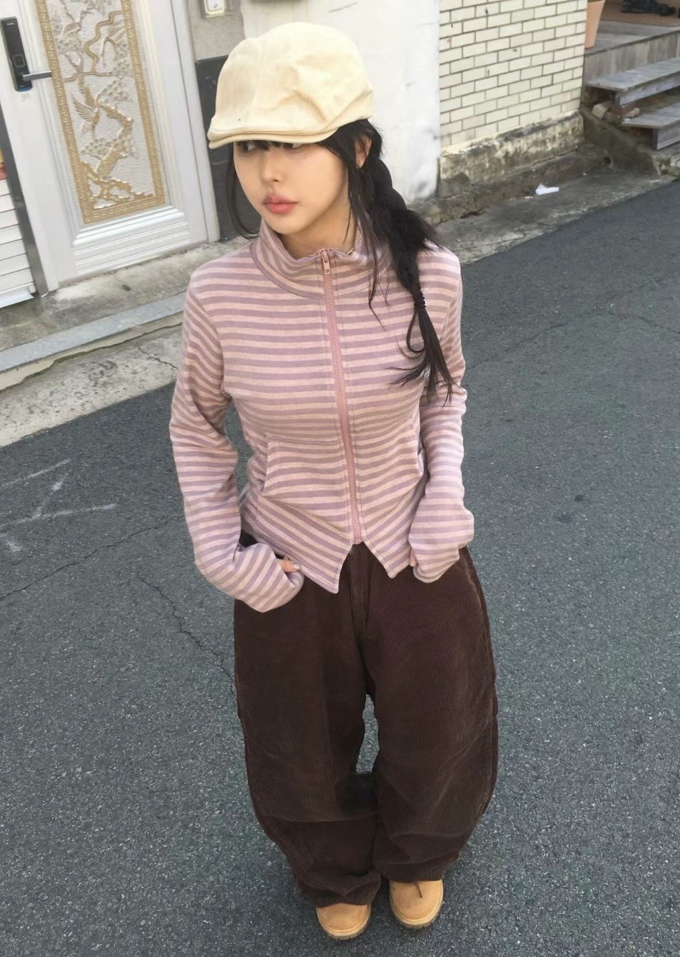THELACREAM韓國直郵女士新品職業休閑時尚推薦真品長袖T恤拉鏈THELACREAM長袖T恤