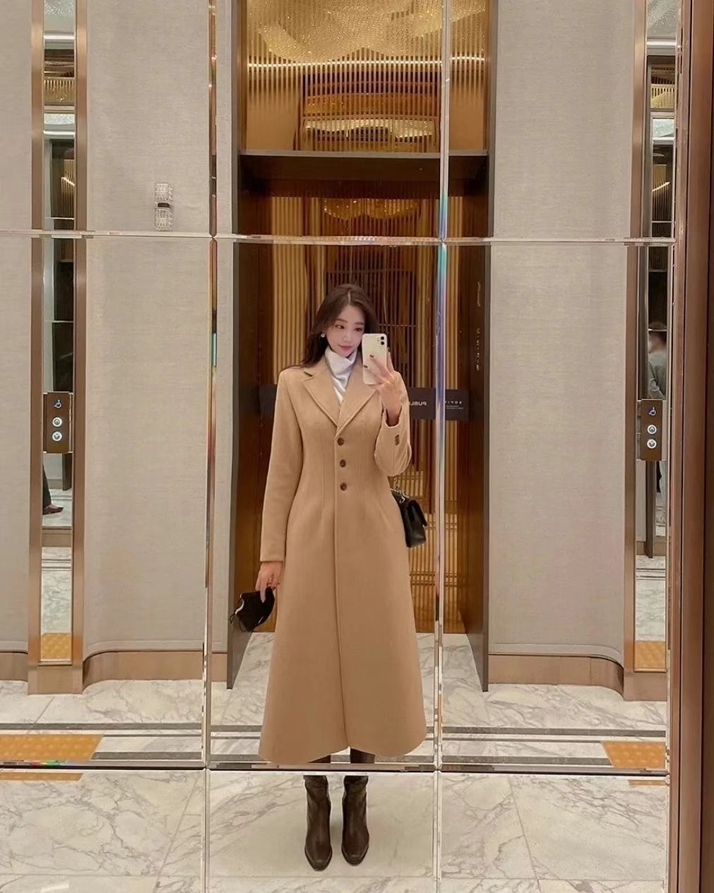 YOU ARE BEAUTIFUL韓國直郵東大門代購女裝新款休閑中長款大衣羊毛YOU ARE BEAUTIFUL中長款大衣