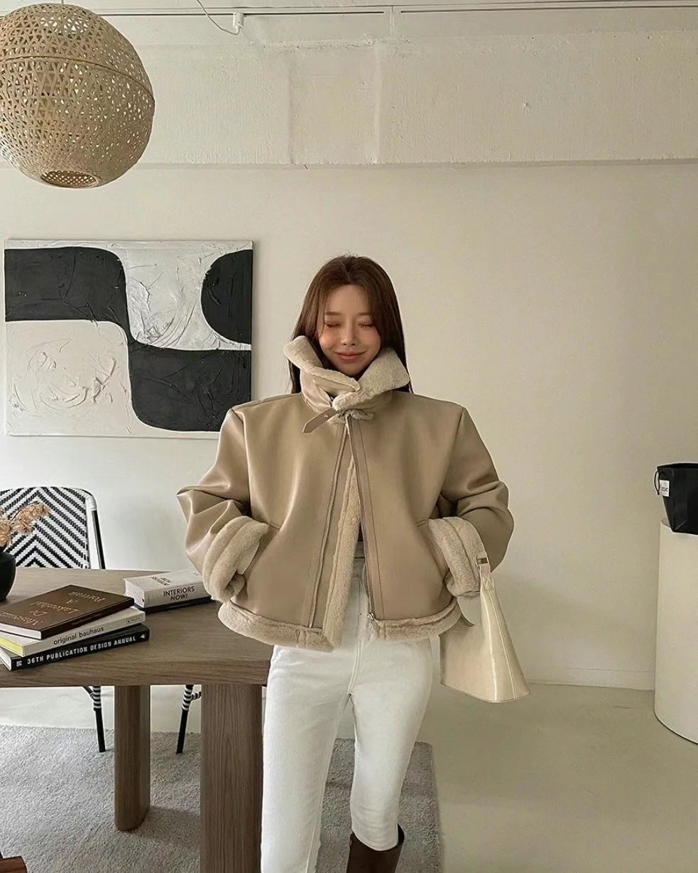 YOU ARE BEAUTIFUL韓國直郵東大門代購女裝新款休閑短款大衣水貂皮革YOU ARE BEAUTIFUL短款大衣