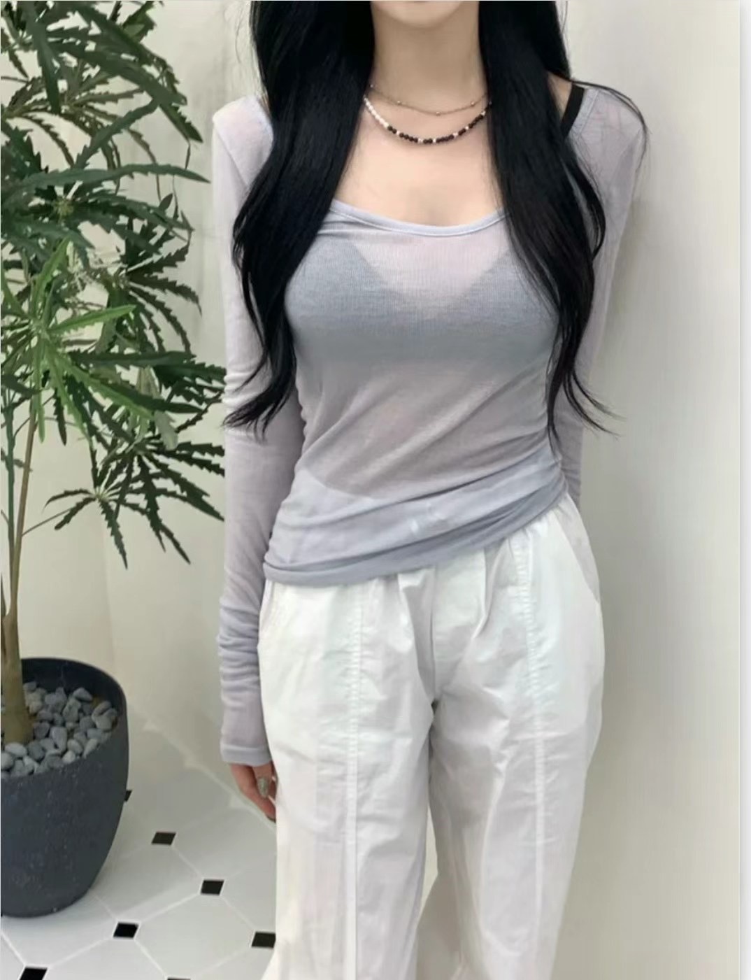 IMMENSE韓國直郵東大門實拍女裝新款熱賣職業長袖T恤透視羅紋IMMENSE長袖T恤