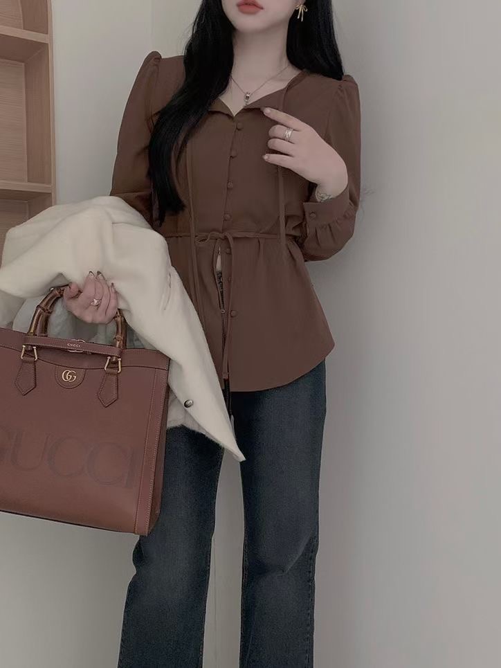 WEARME東大門代購女士新款24秋冬推薦時尚襯衫蕾絲衫含腰繩WEARME襯衫/蕾絲衫