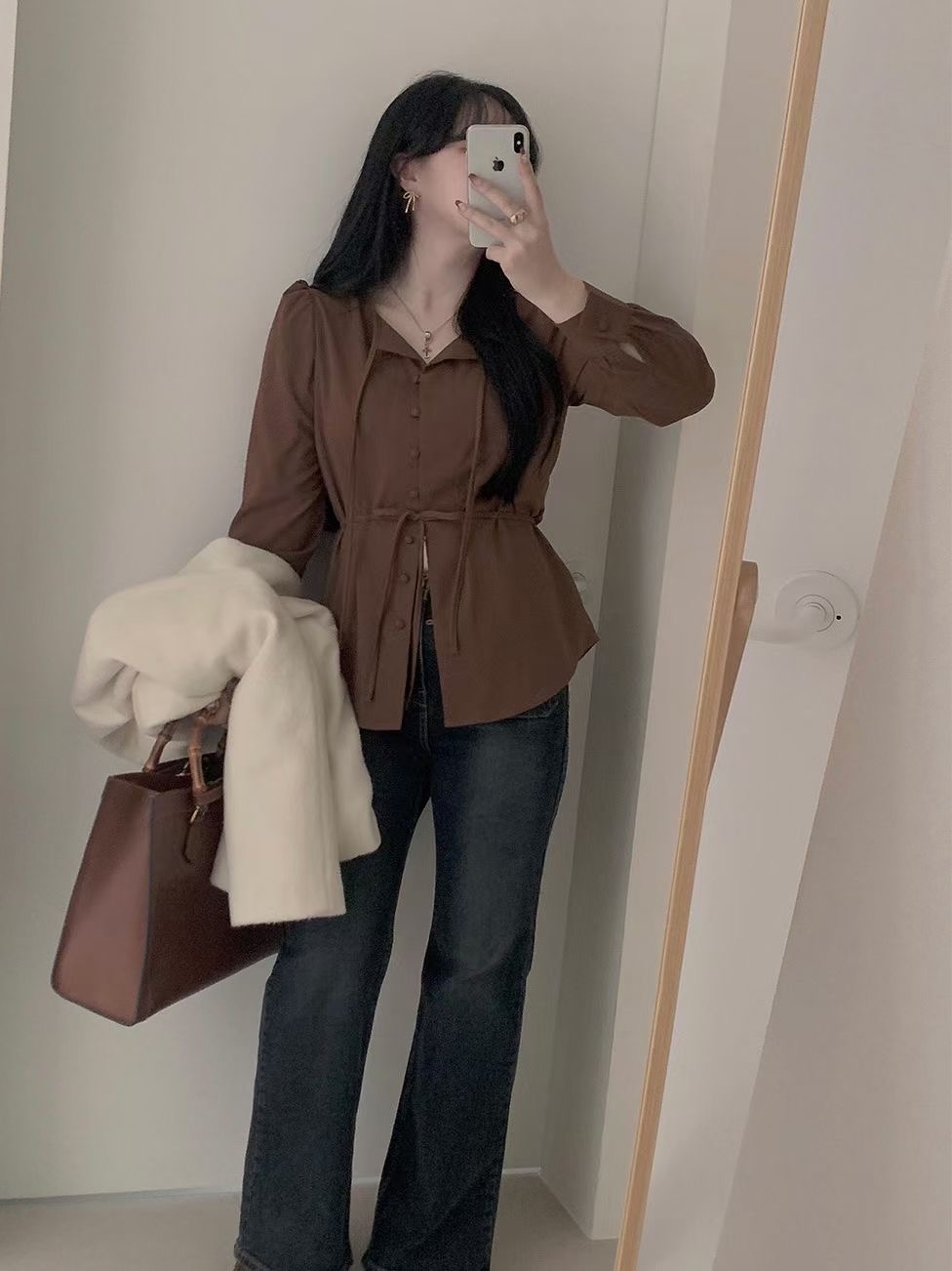 WEARME東大門代購女士新款24秋冬推薦時尚襯衫蕾絲衫含腰繩WEARME襯衫/蕾絲衫圖色3