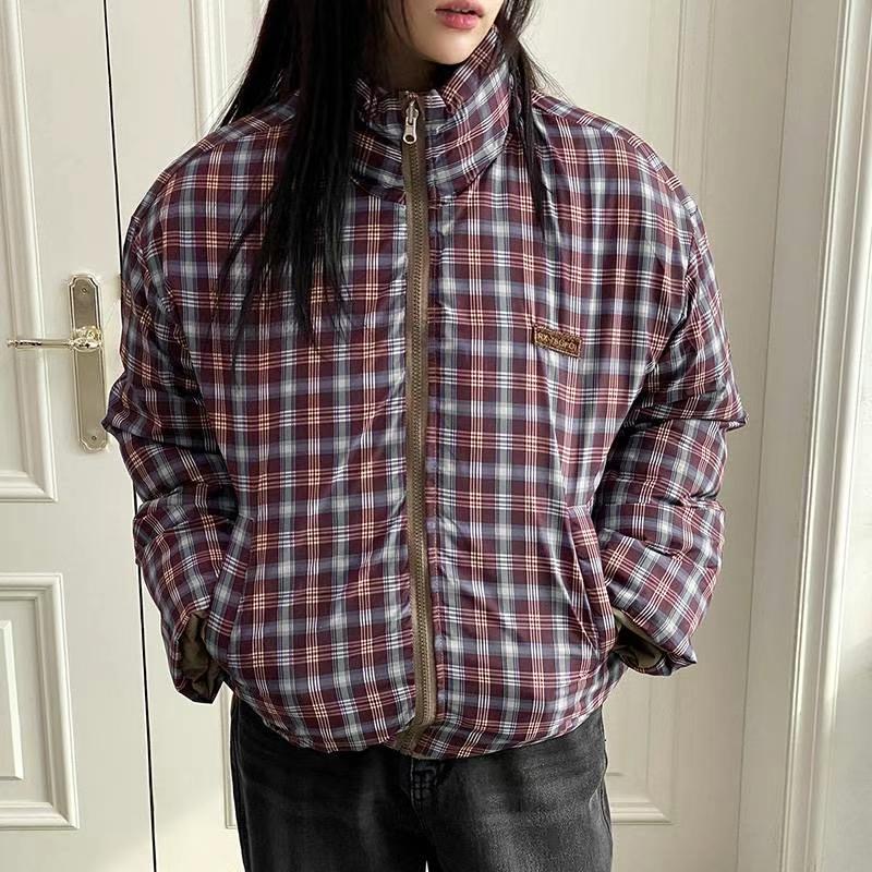 DKS08東大門實拍女士新品職業休閑推薦短款棉服格紋填充雙面DKS08短款棉服