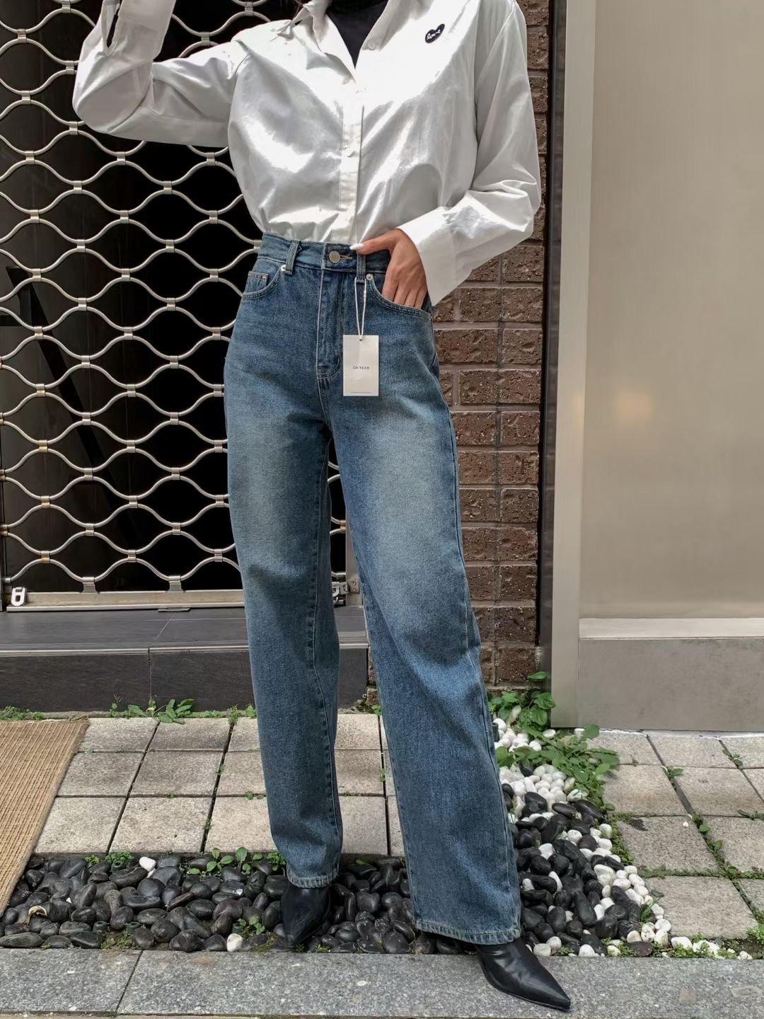 OH YEAH東大門實拍女士新款職業休閑推薦時尚熱賣牛仔褲拉絨OH YEAH牛仔褲