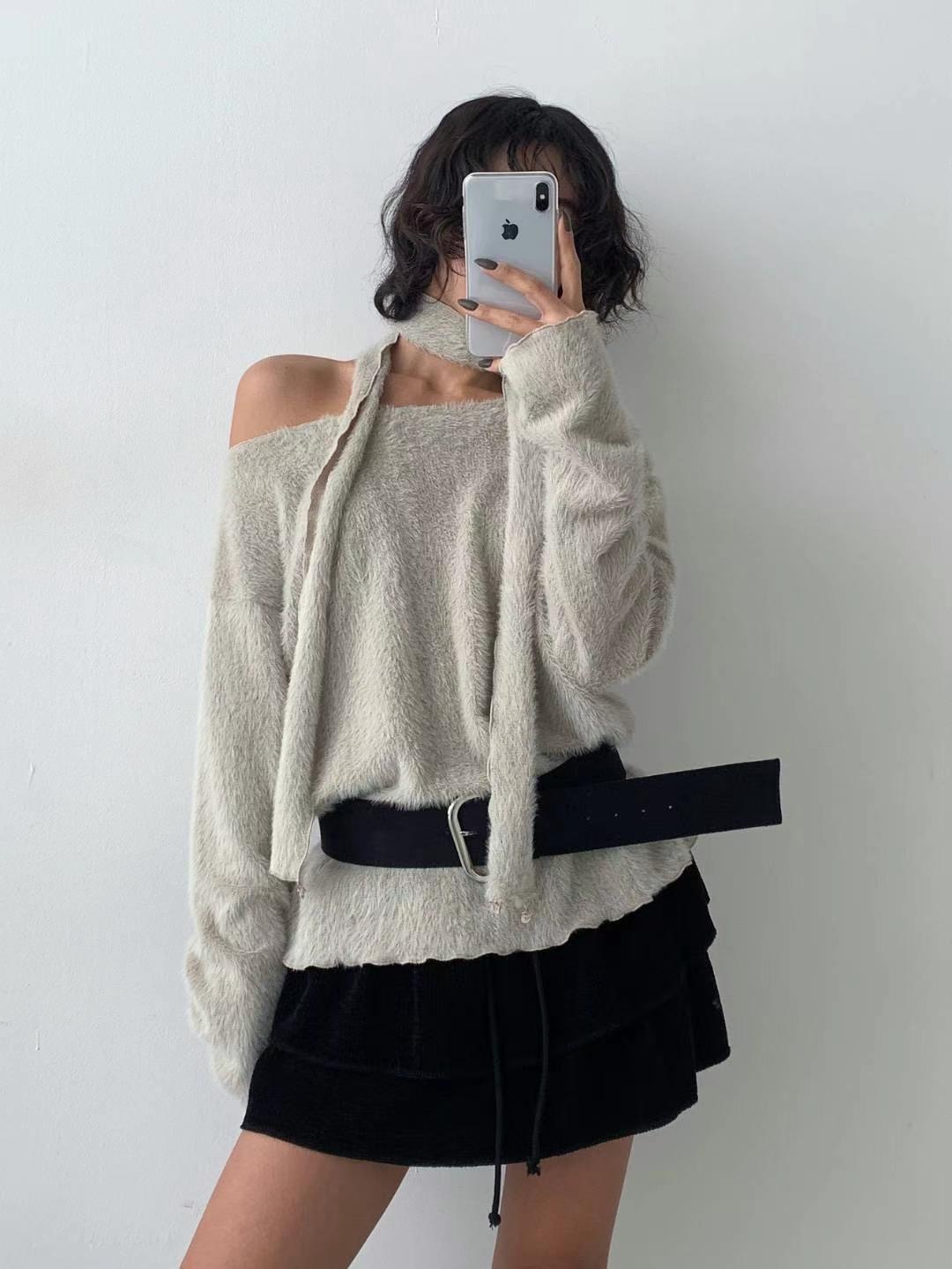 DOTNODI韓國直郵東大門代購女裝新款24秋冬時尚長袖T恤含脖帶DOTNODI長袖T恤