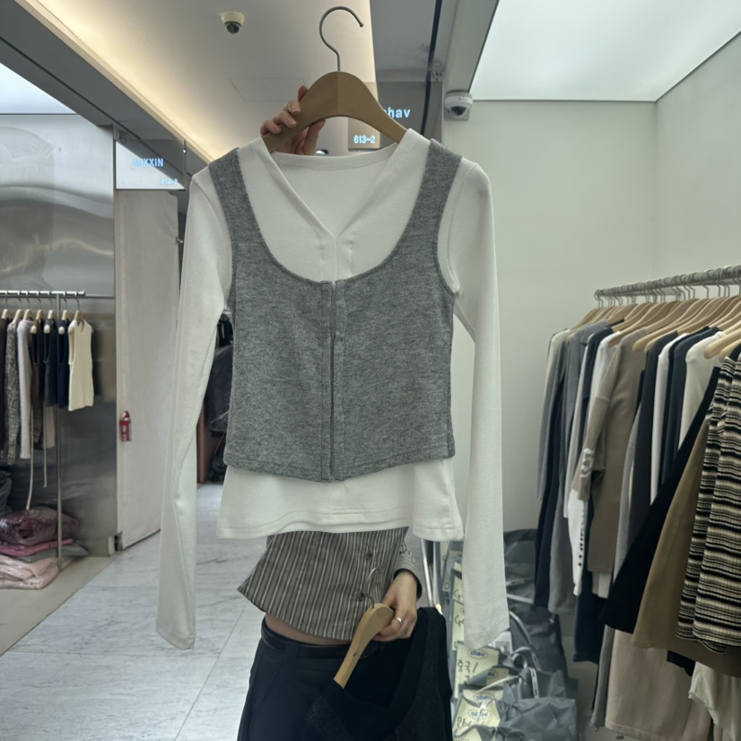 CHAV韓國直郵東大門代購女裝新款職業休閑長袖T恤假兩件春款CHAV長袖T恤圖色1