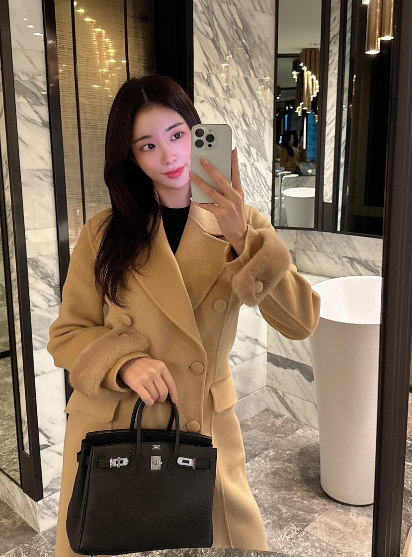 ON:UP東大門直郵女士新品人氣職業熱賣中長款大衣手工制作水貂ON:UP中長款大衣