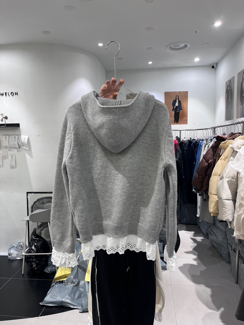 WATERMELON韓國代購女士新品職業熱賣時尚針織衫春款兜帽蕾絲STATEMENT針織衫