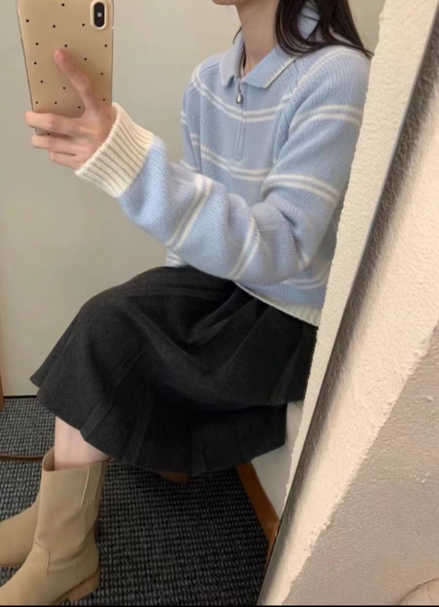 DIFFER直郵韓國代購女裝新品職業休閑真品推薦針織衫拉鏈圓領DIFFER針織衫