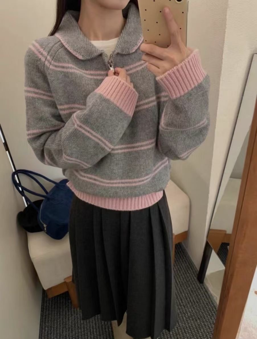 DIFFER直郵韓國代購女裝新品職業休閑真品推薦針織衫拉鏈圓領DIFFER針織衫圖色2
