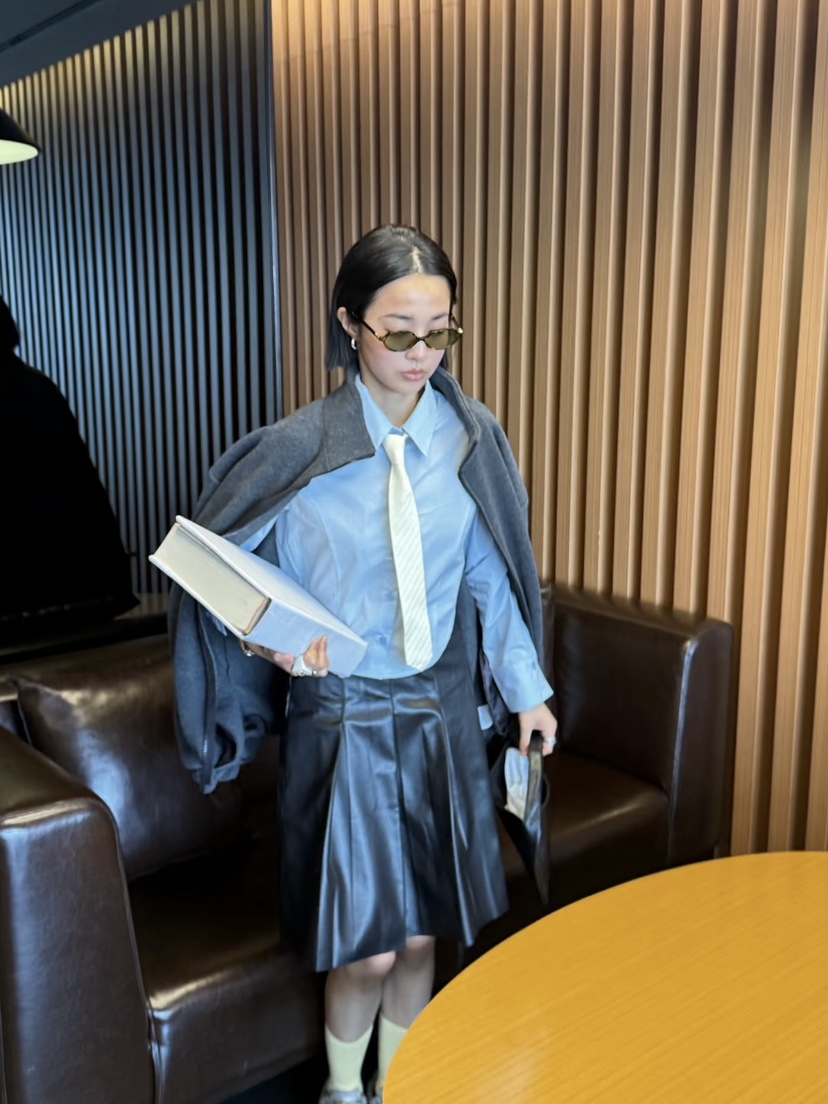 MENG直郵韓國代購女裝新品職業人氣24秋冬半身裙中短裙皮革褶皺MENG半身裙/中短裙