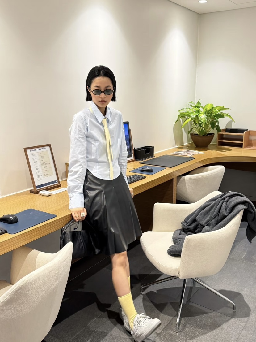 MENG直郵韓國代購女裝新品職業人氣24秋冬半身裙中短裙皮革褶皺MENG半身裙/中短裙