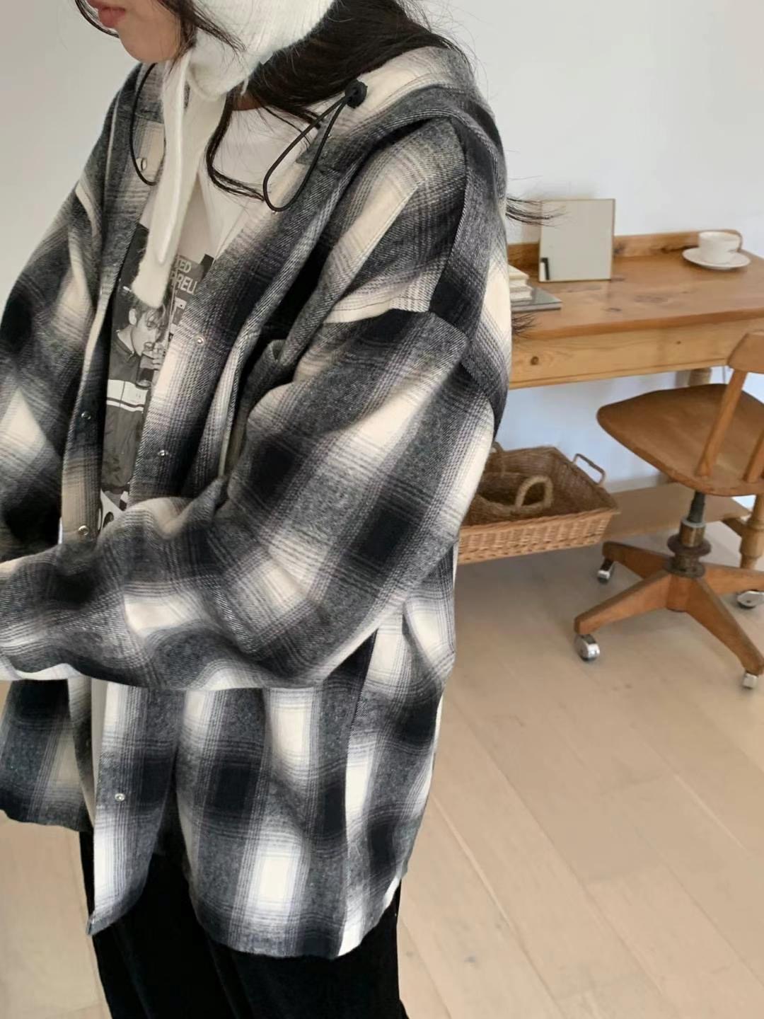GAMGAK韓國直郵女裝新款25春夏時尚真品襯衫蕾絲衫格紋兜帽GAMGAK襯衫/蕾絲衫
