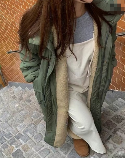 FLATYOU東大門實拍女裝新款真品時尚人氣中長款大衣羊毛連帽AUBEENDEAR中長款大衣