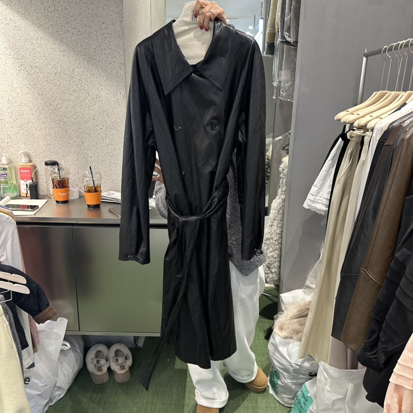 AMOEBA東大門實拍女裝新品真品熱賣推薦長款風衣含腰帶皮革AMOEBA長款風衣圖色1