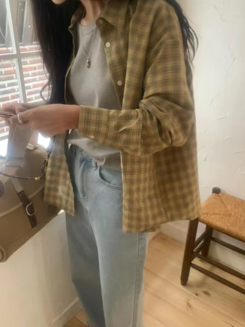 FEVER韓國直郵女裝新款真品熱賣25春夏職業時尚襯衫蕾絲衫格紋FEVER襯衫/蕾絲衫