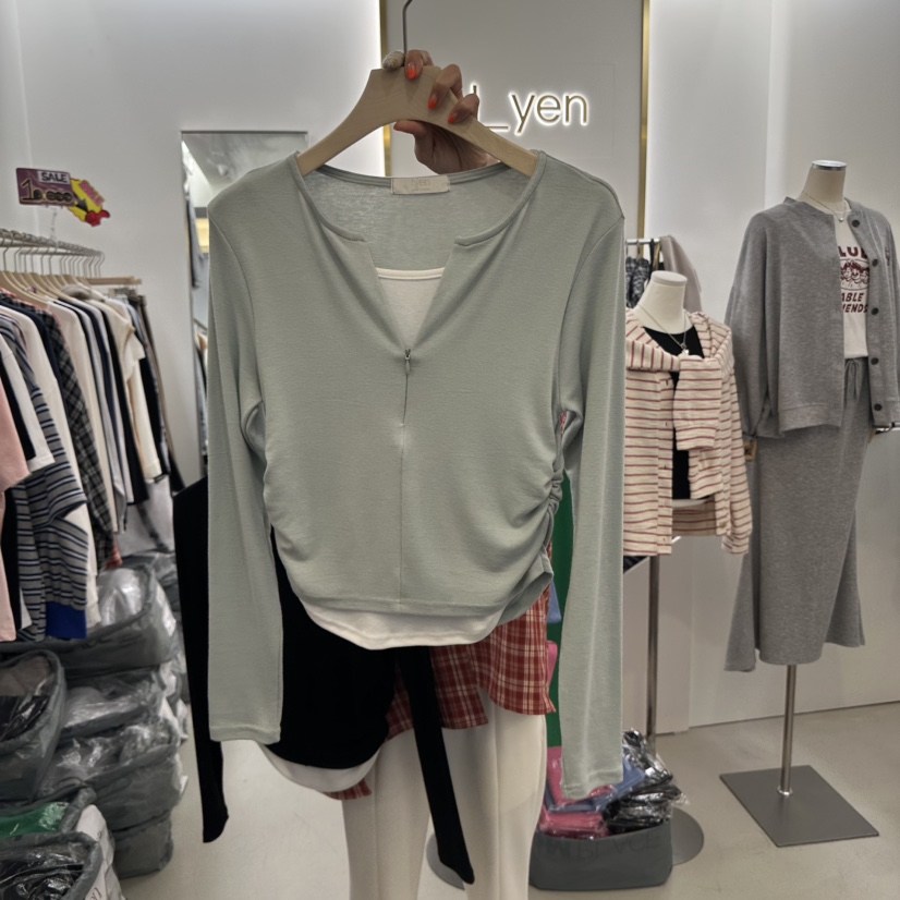 N YEN直郵韓國代購女裝新品時尚職業熱賣長袖T恤假兩件拉鏈N YEN長袖T恤