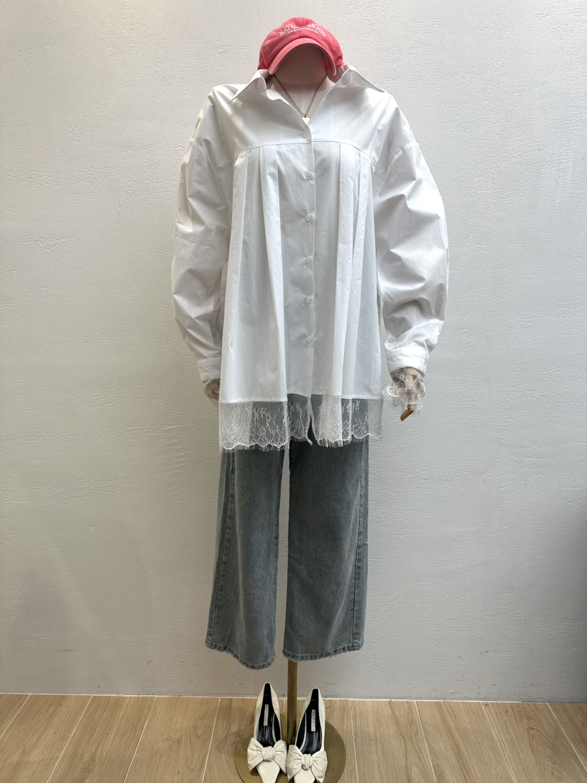 ANIMA韓國直郵東大門實拍女裝新款人氣職業襯衫蕾絲衫蕾絲褶皺RIETTE襯衫/蕾絲衫